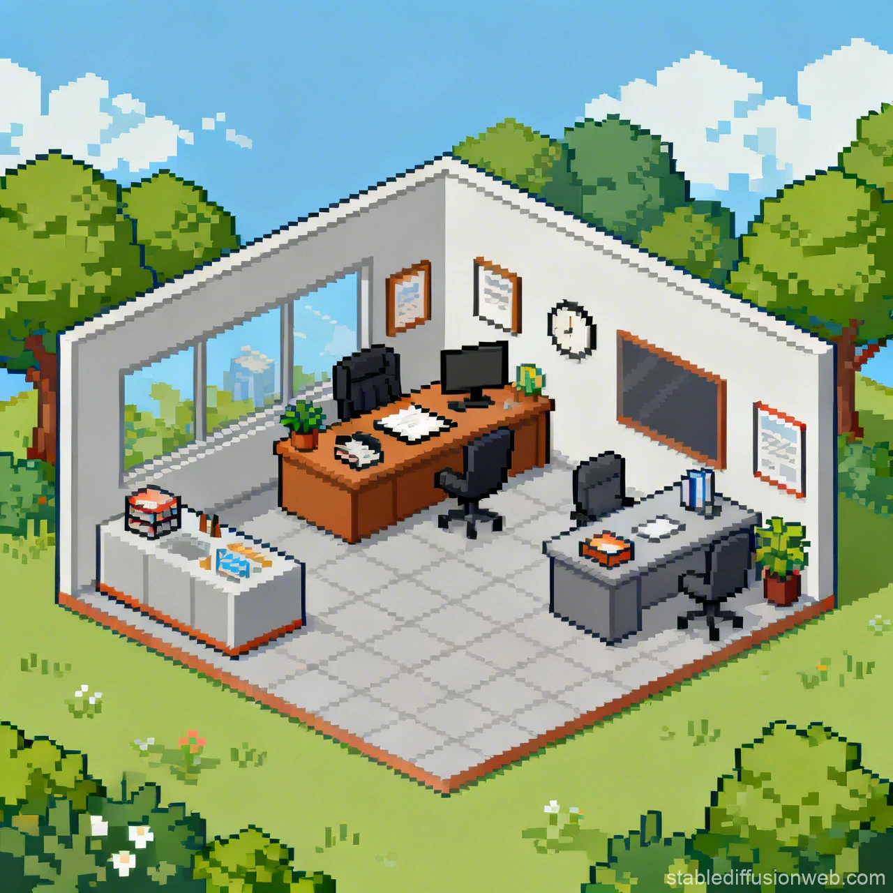 Pixel Art Office Interior with Outdoor View