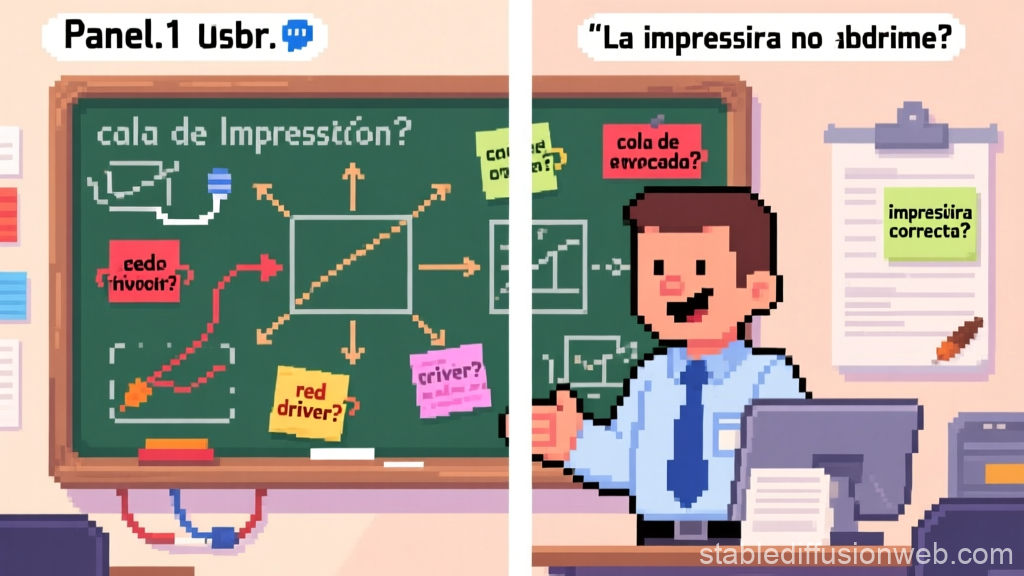 Pixel Art Office Scene Explaining Printer Queue Issues