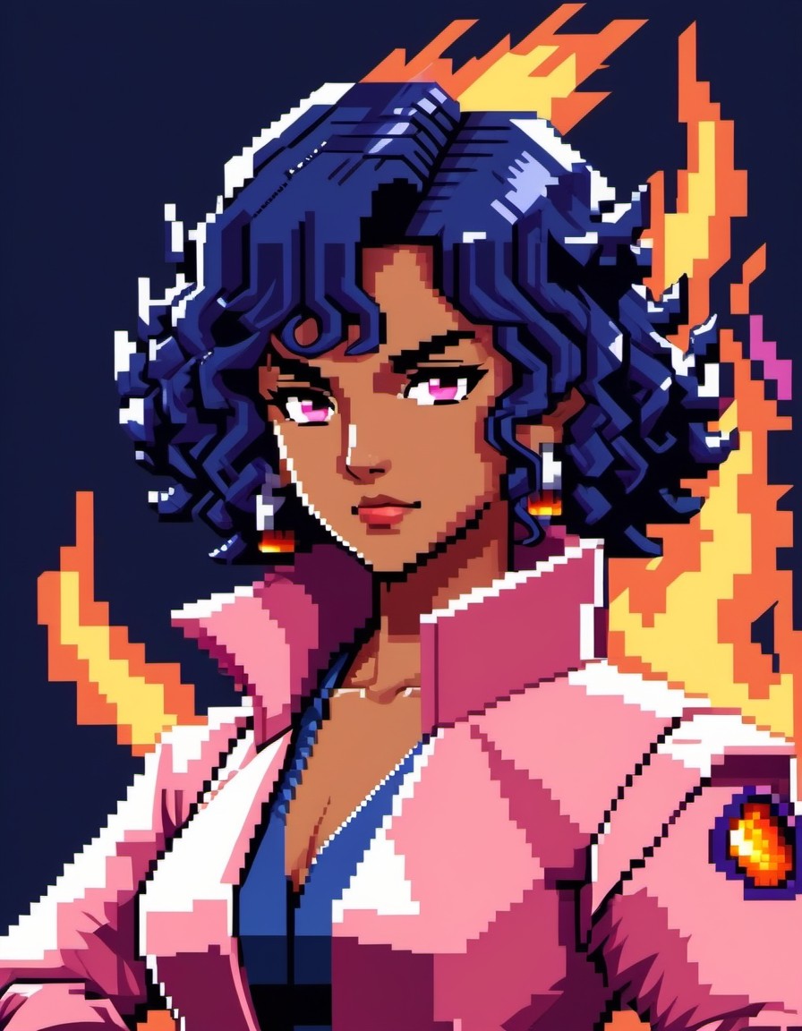 Pixel Art Portrait of a Confident Woman with Fiery Aura