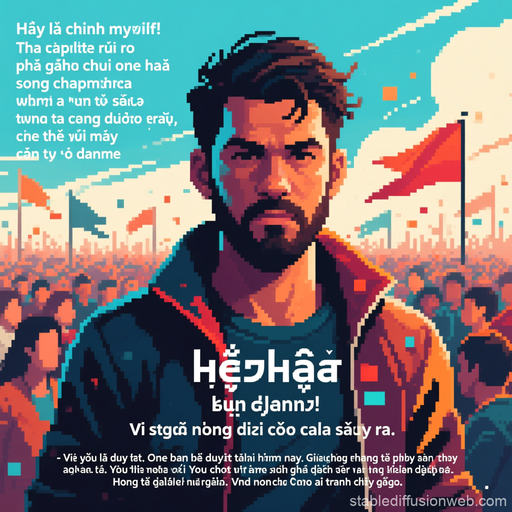 Pixel Art Portrait of a Man Leading a Crowd with Flags