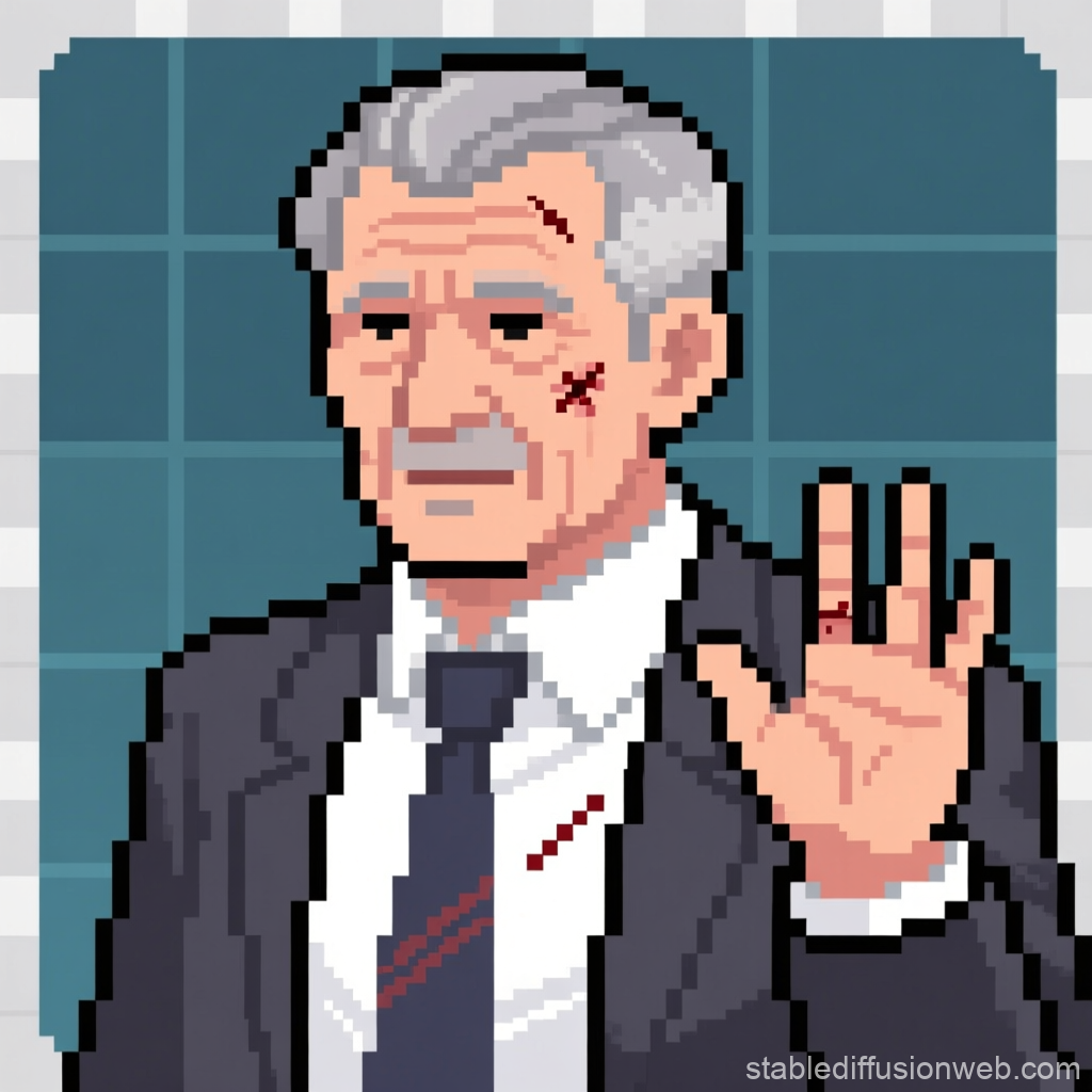 Pixel Art Portrait of Gray-Haired Man with Scars