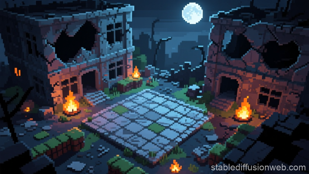 Pixel Art Post-Apocalyptic Urban Battlefield at Night