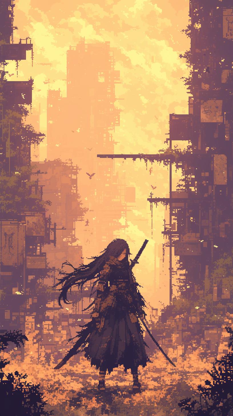 Pixel Art Post-Apocalyptic Warrior in Ruined City