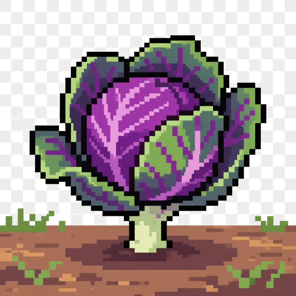 Pixel Art Purple Cabbage Growing in Soil