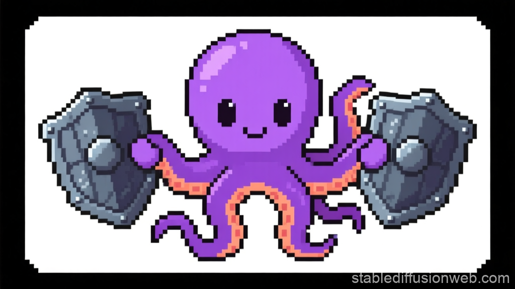 Pixel Art Purple Octopus Holding Shields