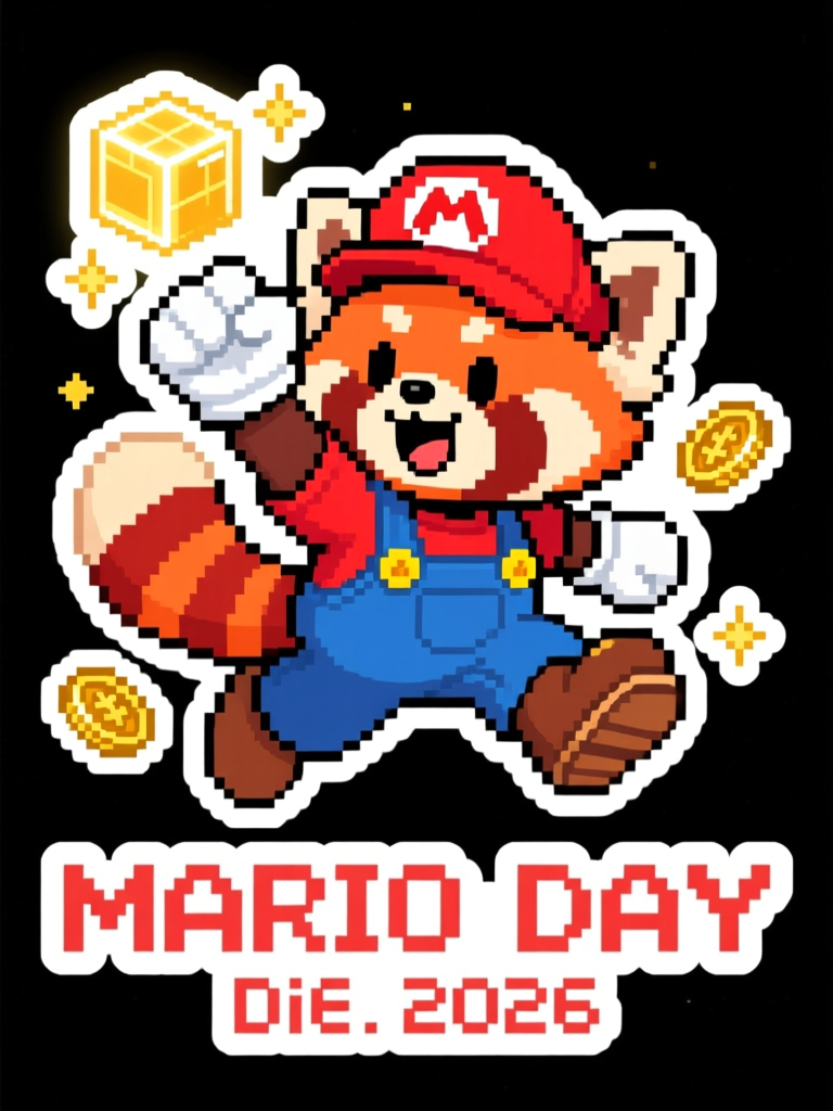 Pixel Art Red Panda Mario Mascot for Mario Day 2026