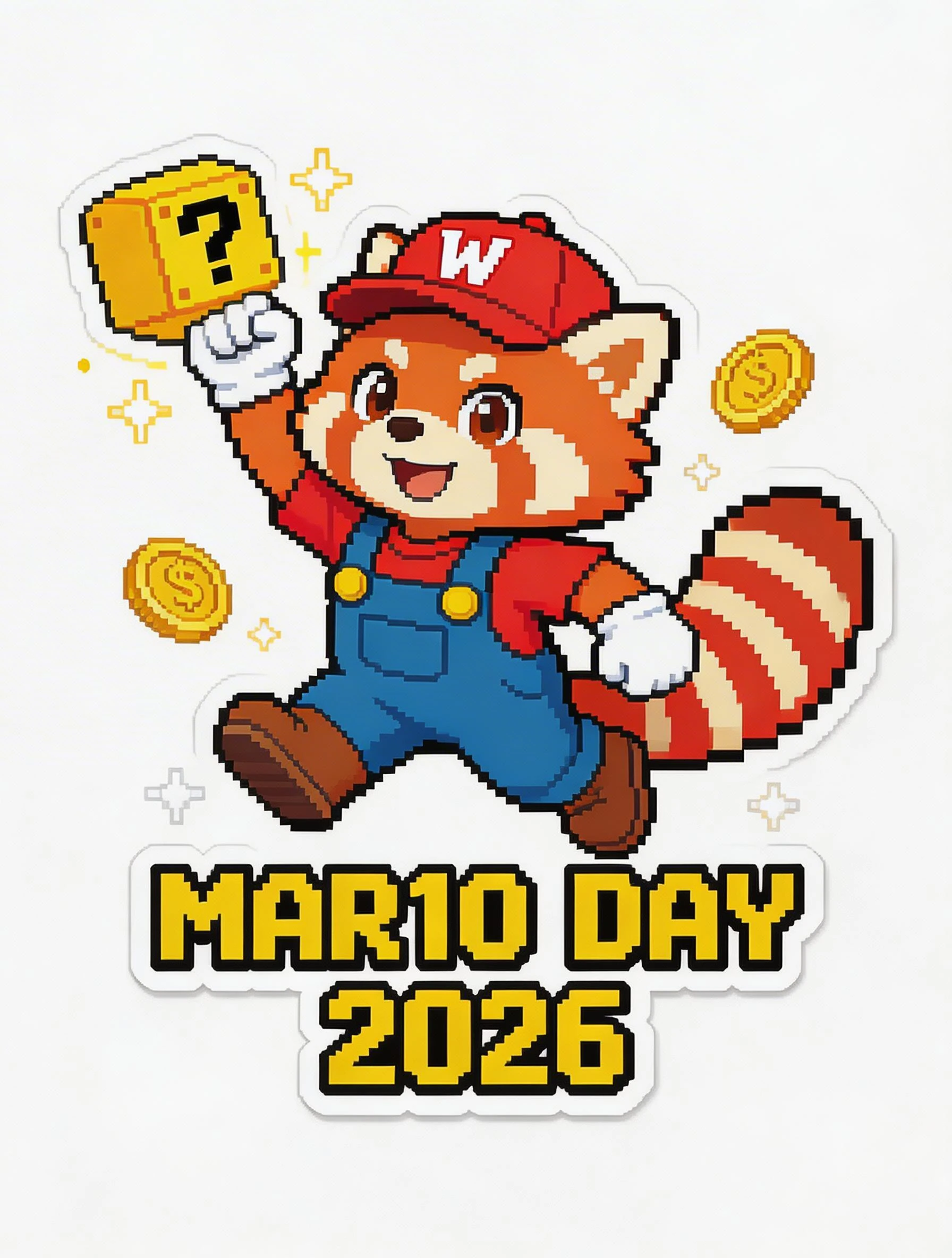 Pixel Art Red Panda Plumber Celebrating Mario Day 2026