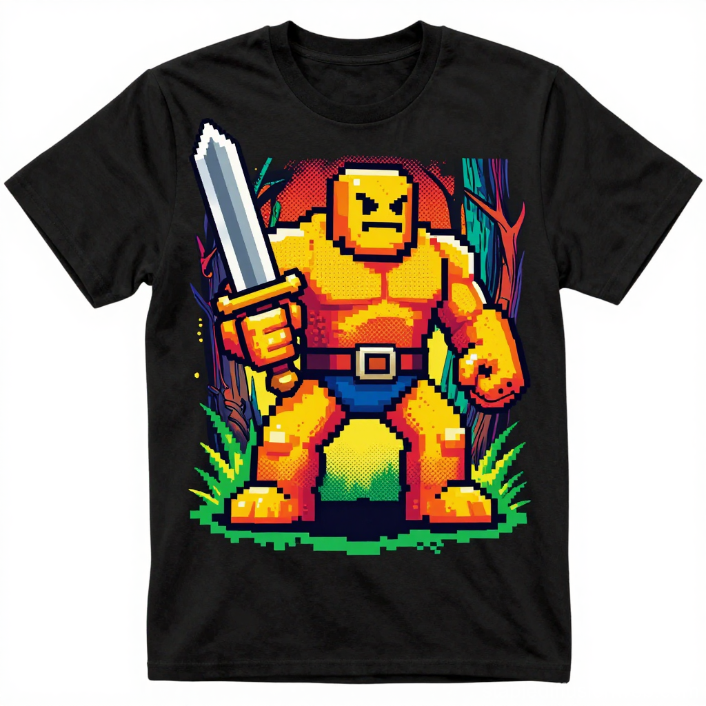 Pixel Art Retro Warrior with Sword on T-Shirt