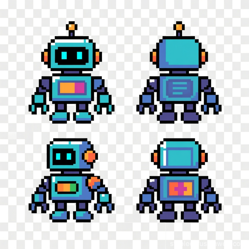 Pixel Art Robot Sprite Sheet with Front and Back Views