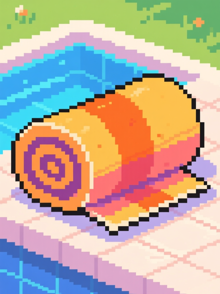 Pixel Art Rolled Towel by the Pool