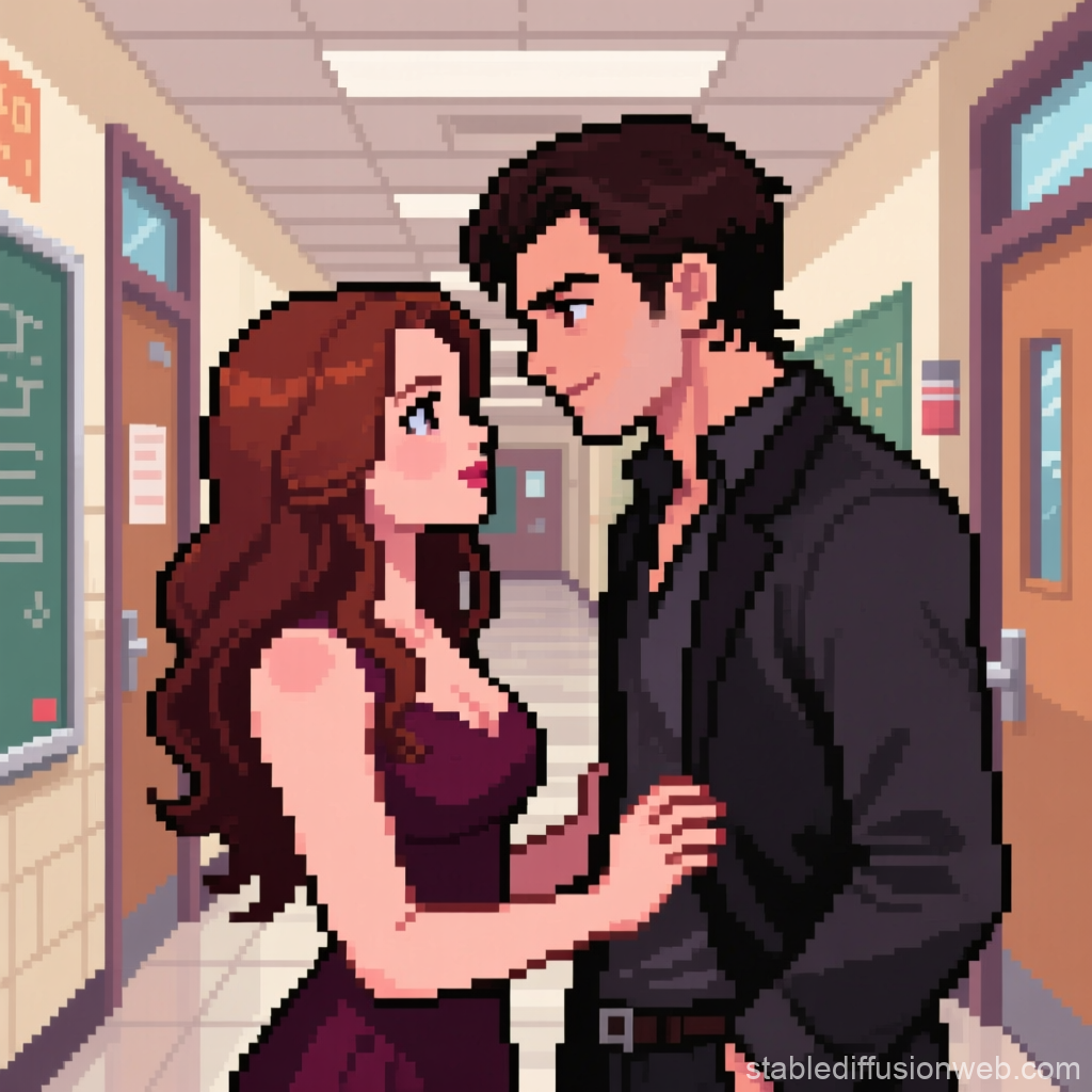 Pixel Art Romantic Couple in School Hallway