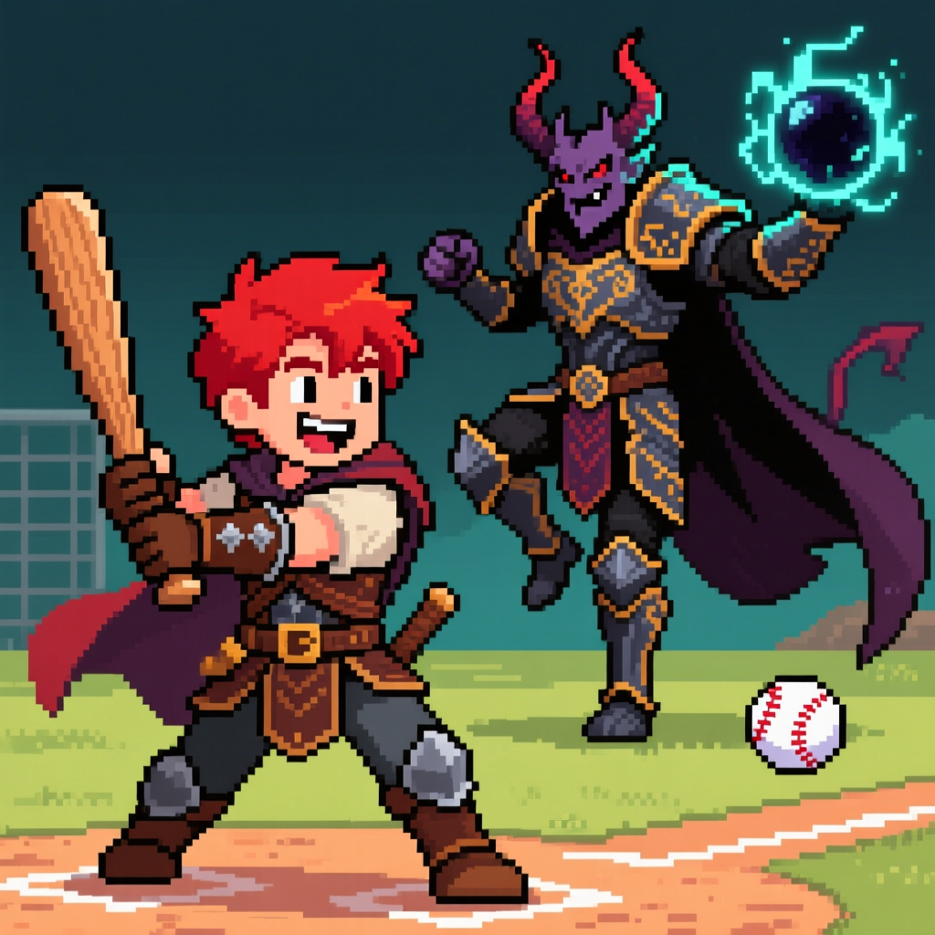 Pixel Art RPG Characters Playing Baseball