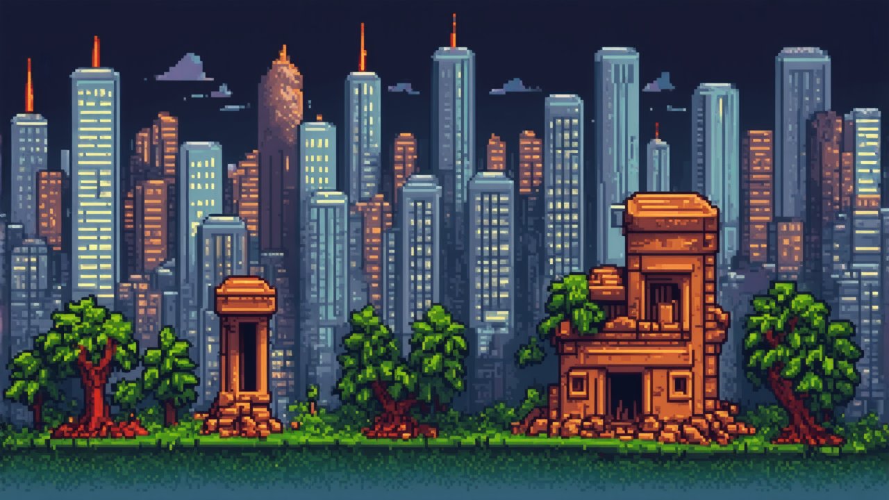 Pixel Art Ruined Ancient Structures in Modern Cityscape