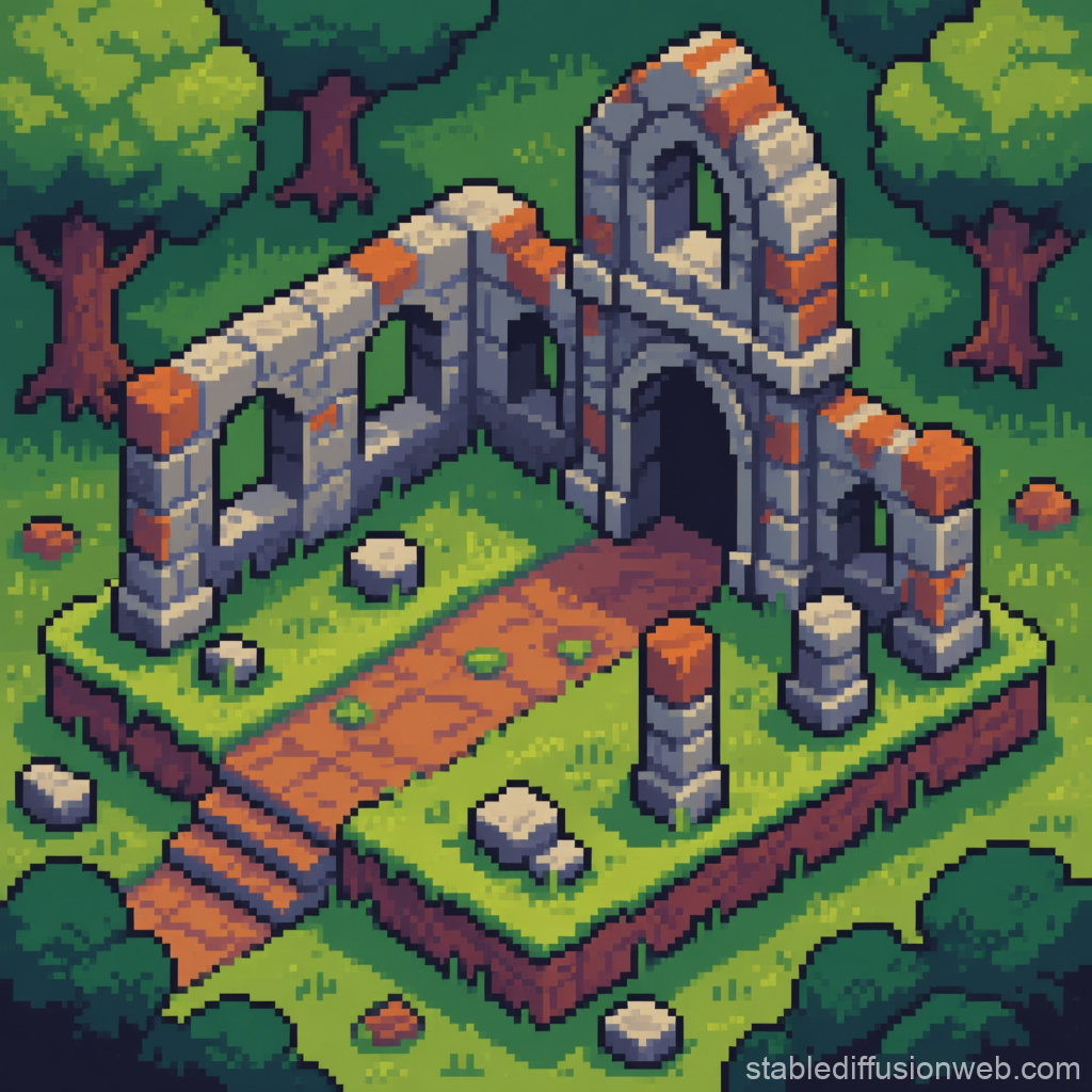 Pixel Art Ruins in Forest Clearing