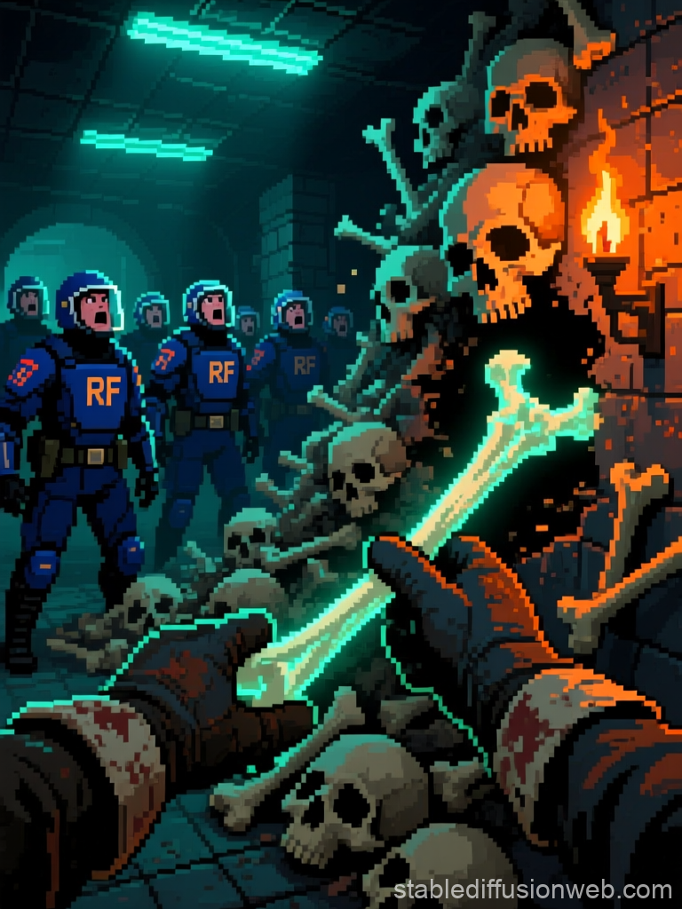 Pixel Art Scene of Gloved Hands Holding Glowing Bone in Dungeon