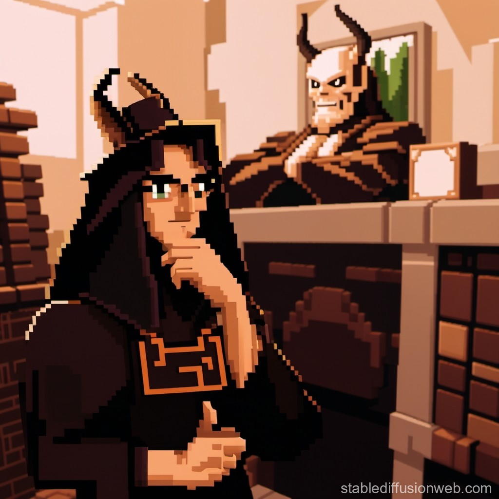Pixel Art Scene of Two Horned Characters in a Medieval Room