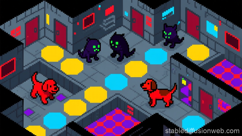 Pixel Art Scene with Dark Golems and Red Dogs in Isometric Room