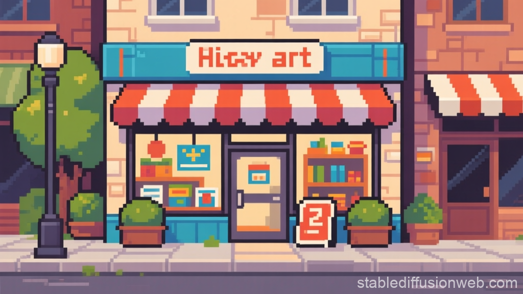 Pixel Art Shopfront with Colorful Awning