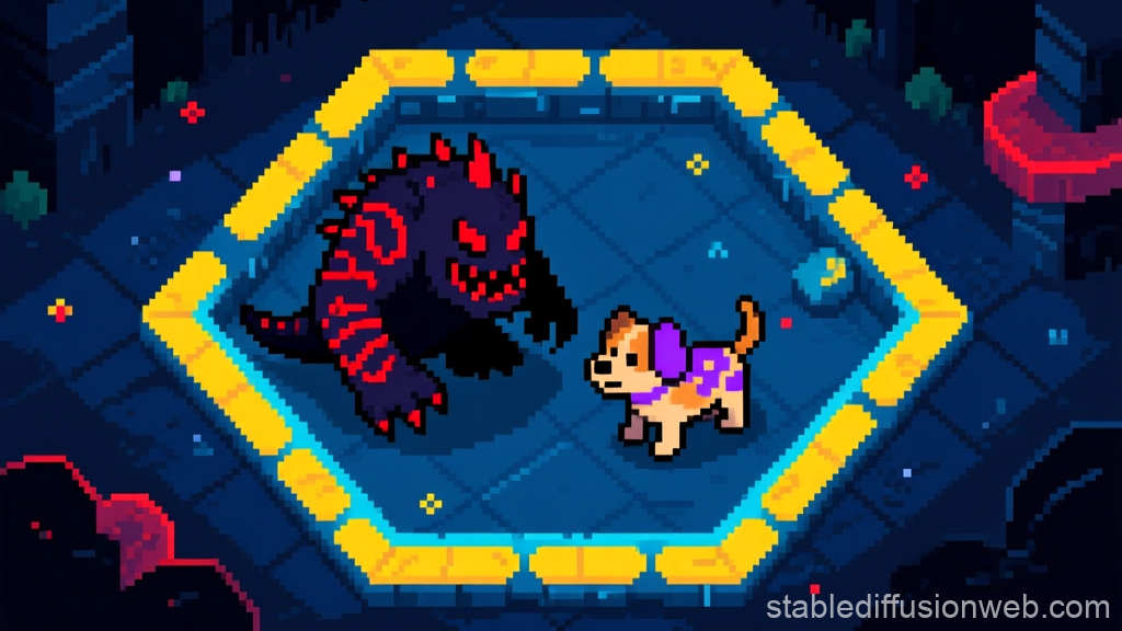 Pixel Art Showdown in a Dark Hexagonal Lair