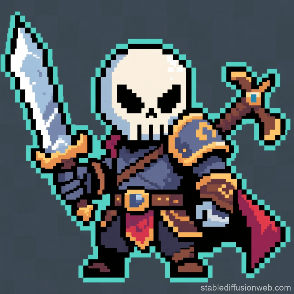 Pixel Art Skeleton Warrior with Sword and Shield