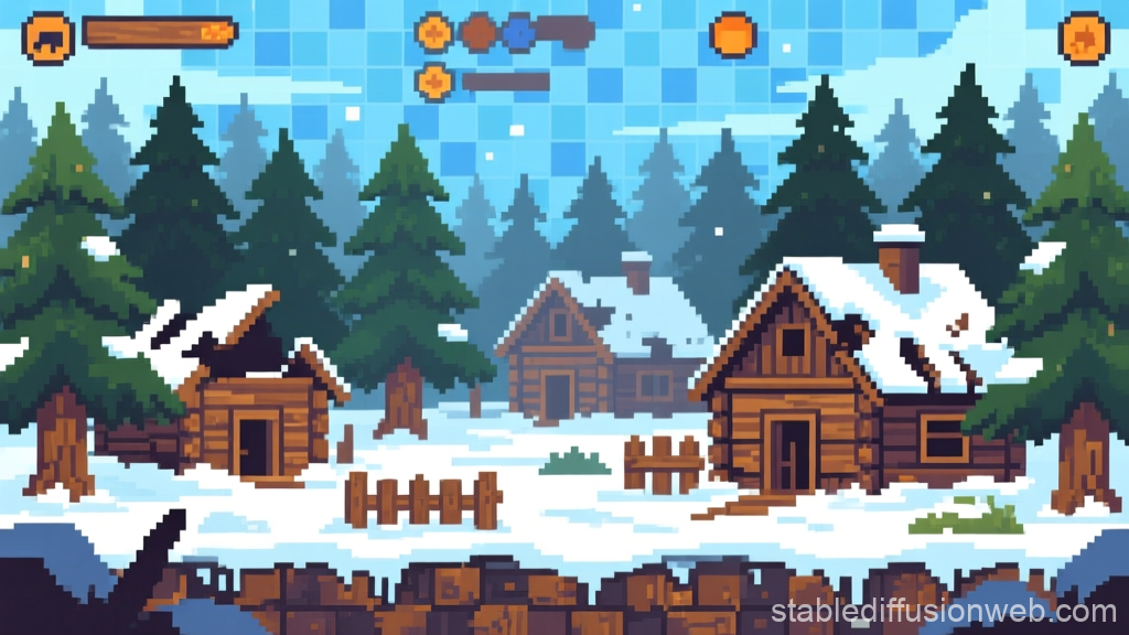 Pixel Art Snowy Forest Village Scene