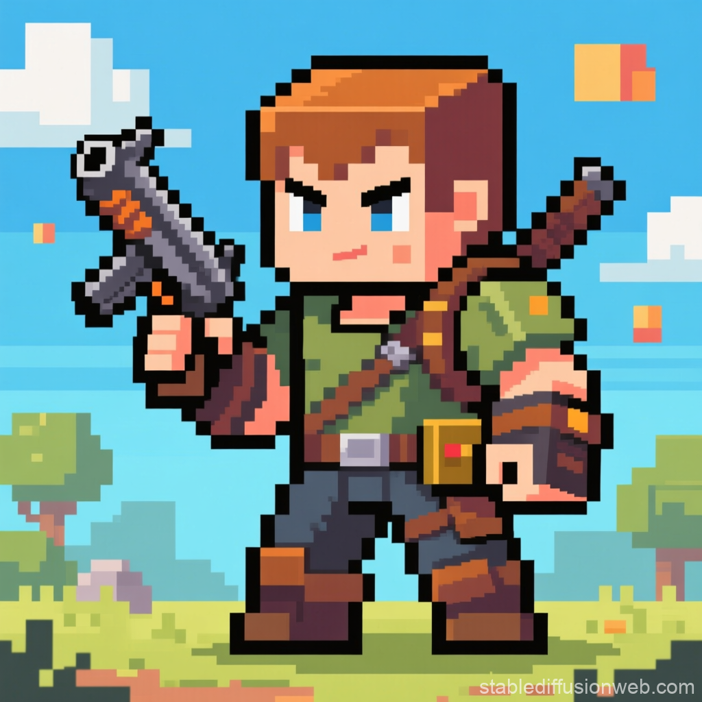 Pixel Art Soldier Character with Gun in Outdoor Setting