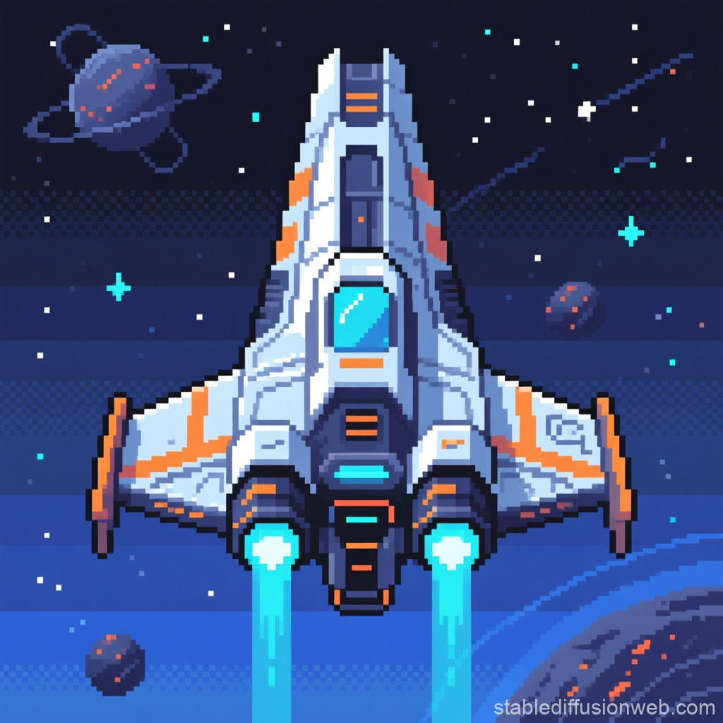 Pixel Art Space Ship Launching in Outer Space