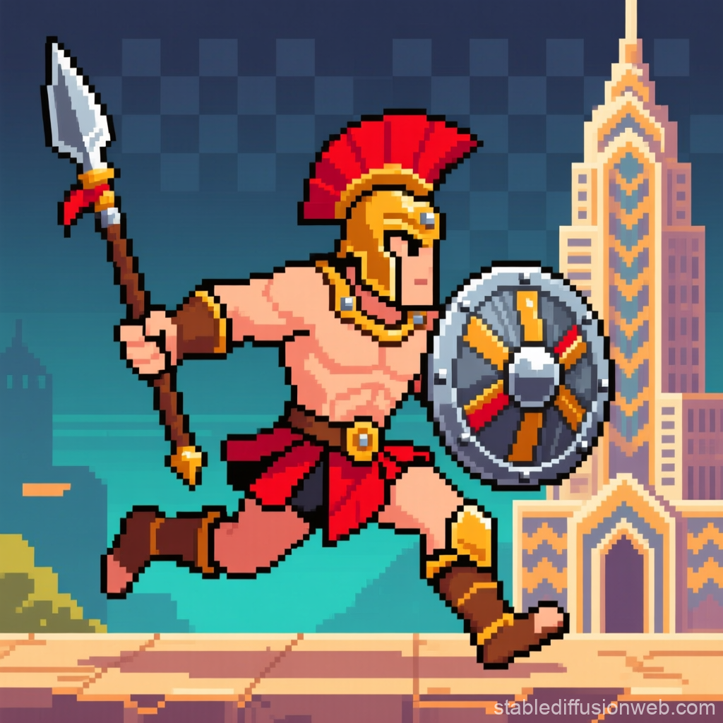 Pixel Art Spartan Warrior Running with Spear and Shield