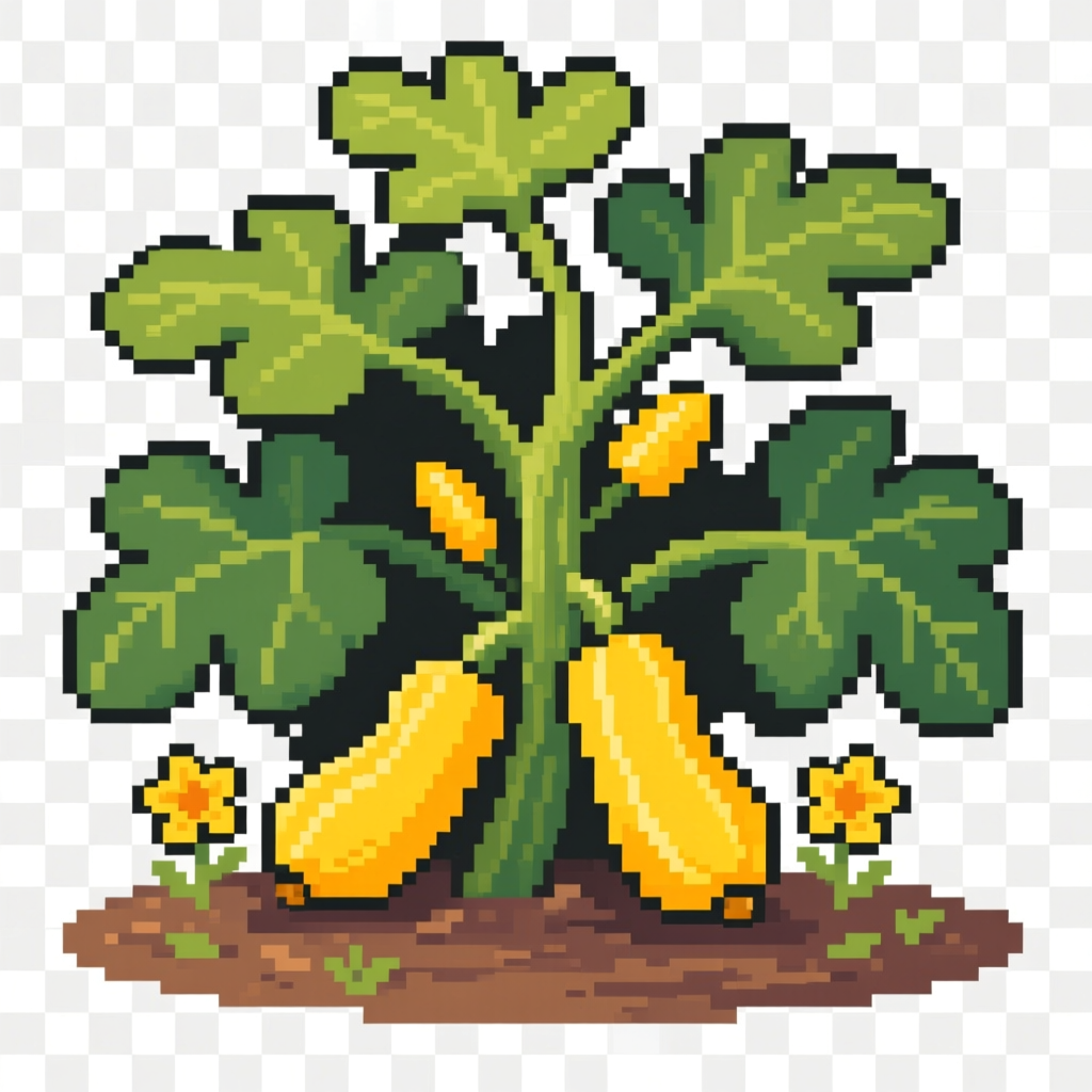 Pixel Art Squash Plant with Yellow Squash and Flowers