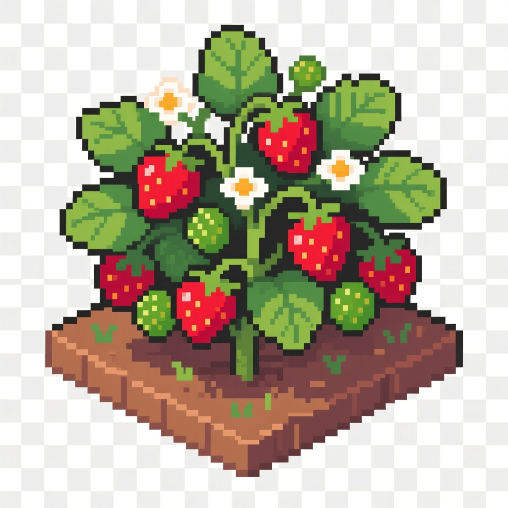Pixel Art Strawberry Plant with Fruits and Flowers