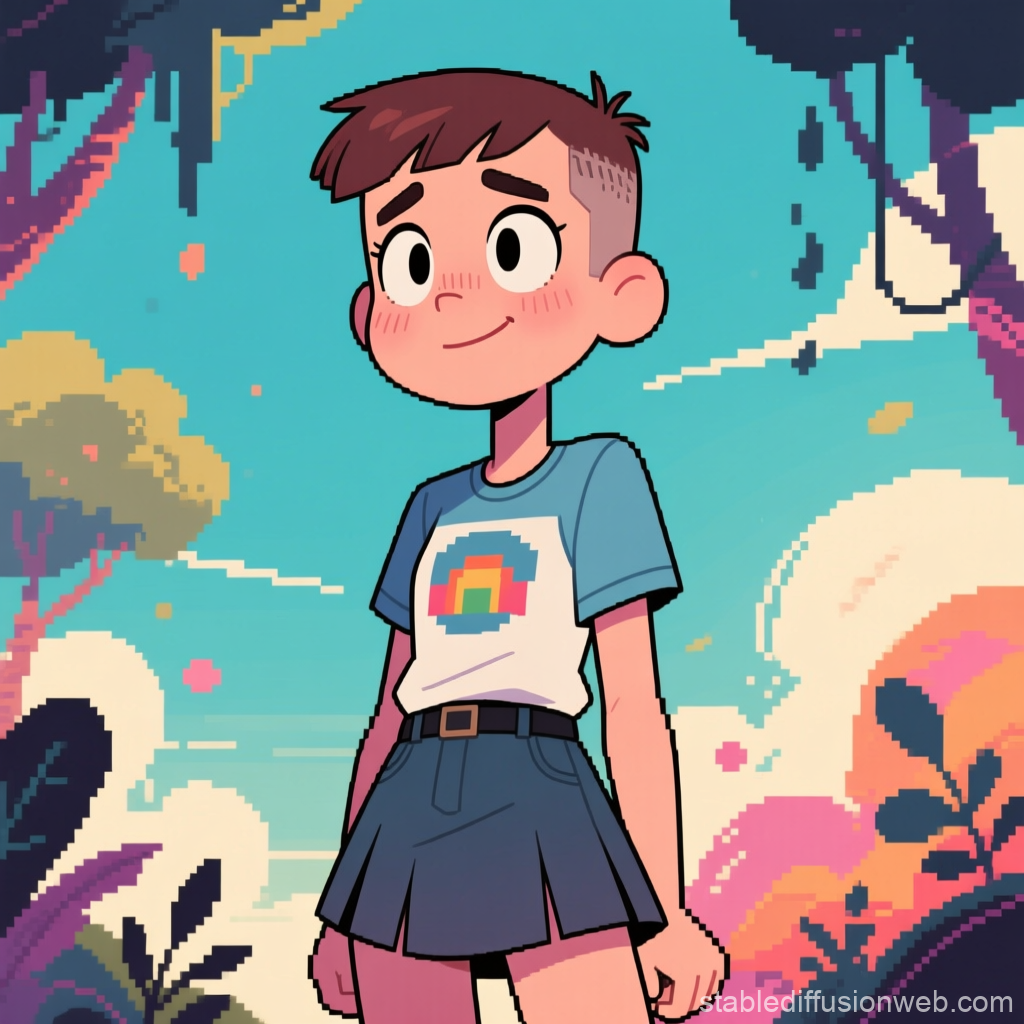 Pixel Art Style Character with Crew Cut and Rainbow Shirt