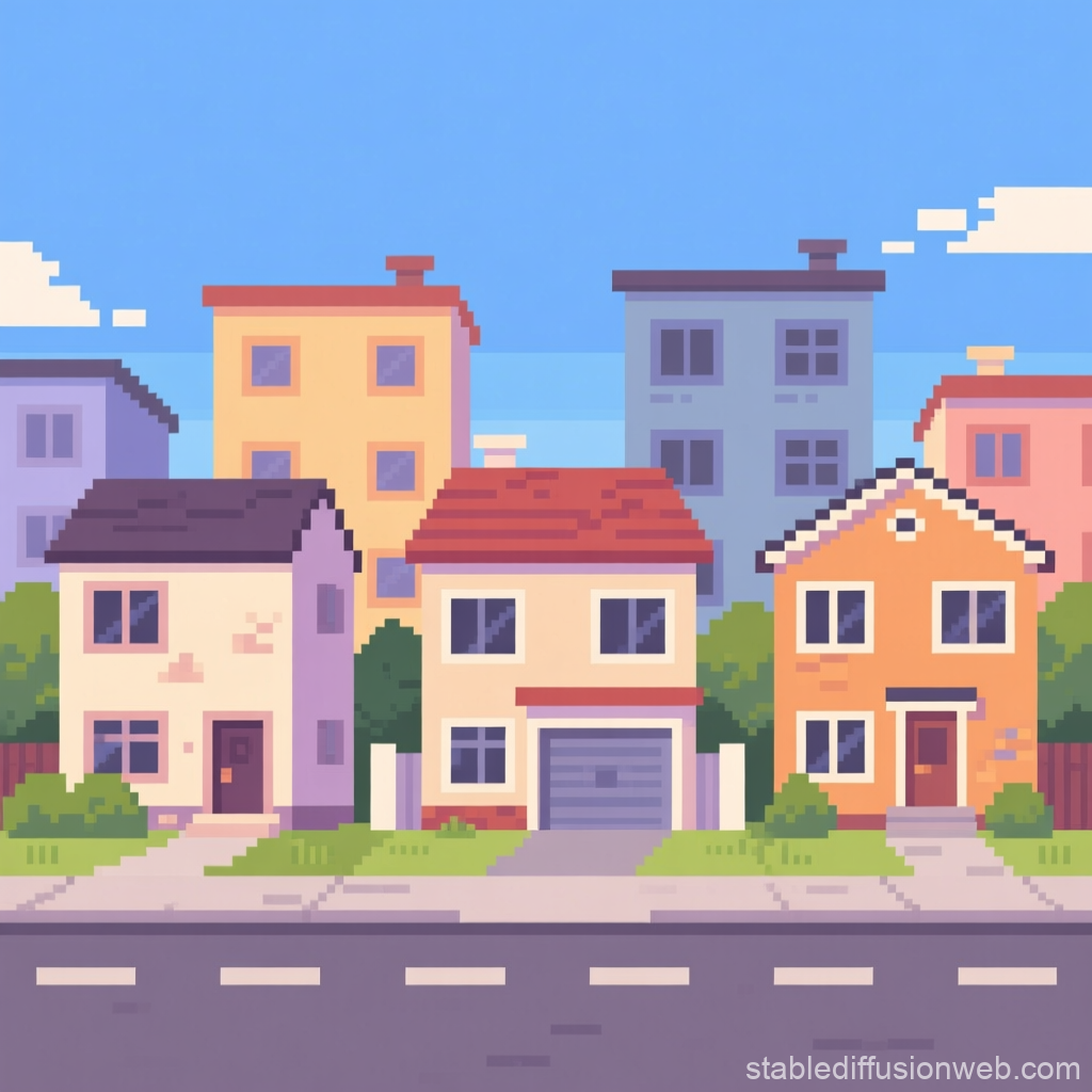 Pixel Art Suburban Houses on a Sunny Day