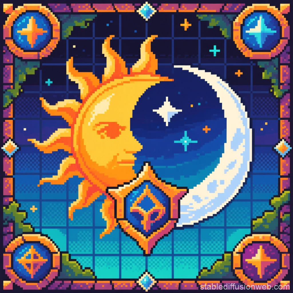 Pixel Art Sun and Crescent Moon Emblem