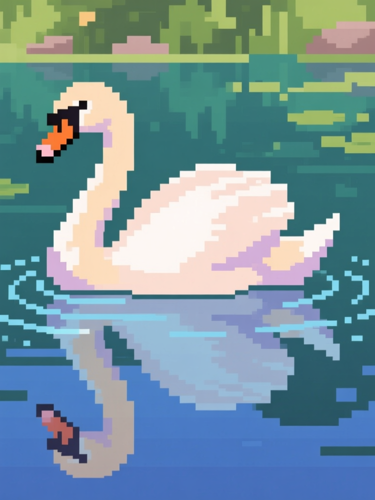 Pixel Art Swan on Water with Reflection
