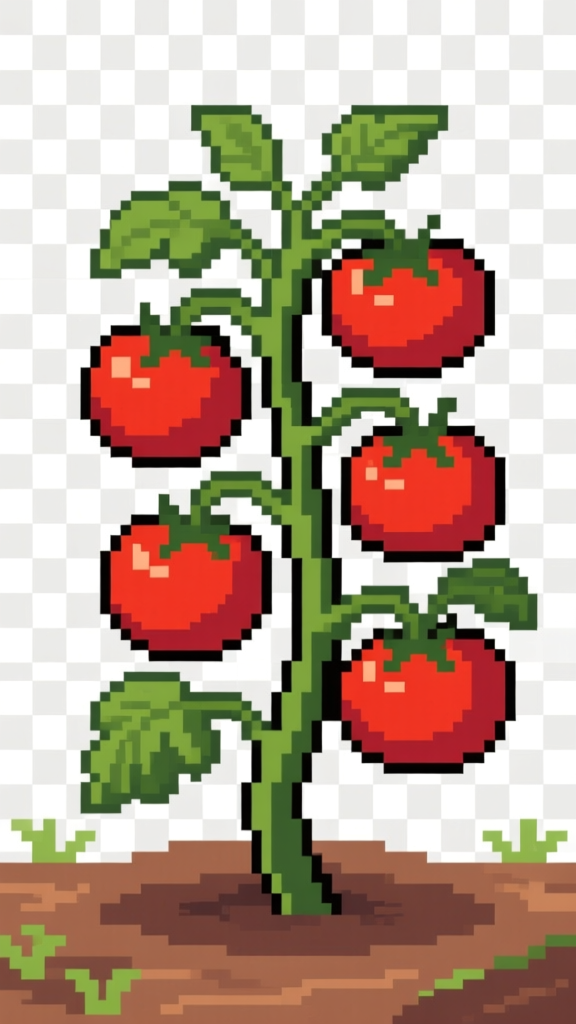 Pixel Art Tomato Plant with Ripe Red Tomatoes