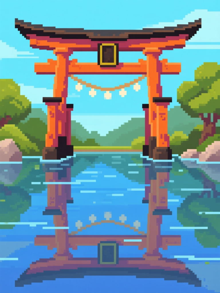 Pixel Art Torii Gate with Reflection in Water