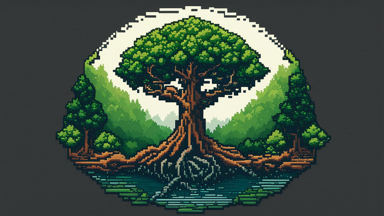Pixel Art Tree of Life in a Circular Landscape