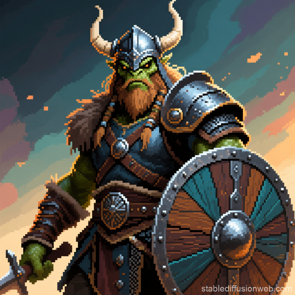 Pixel Art Viking Orc Warrior with Shield and Axe