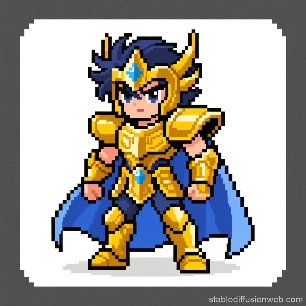 Pixel Art Warrior in Golden Armor with Blue Cape