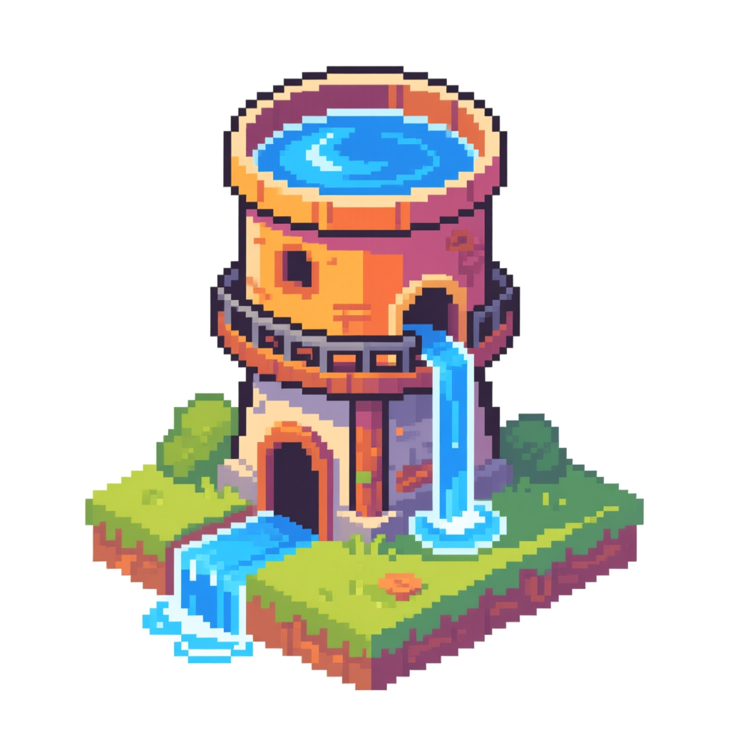 Pixel Art Water Tower with Flowing Water
