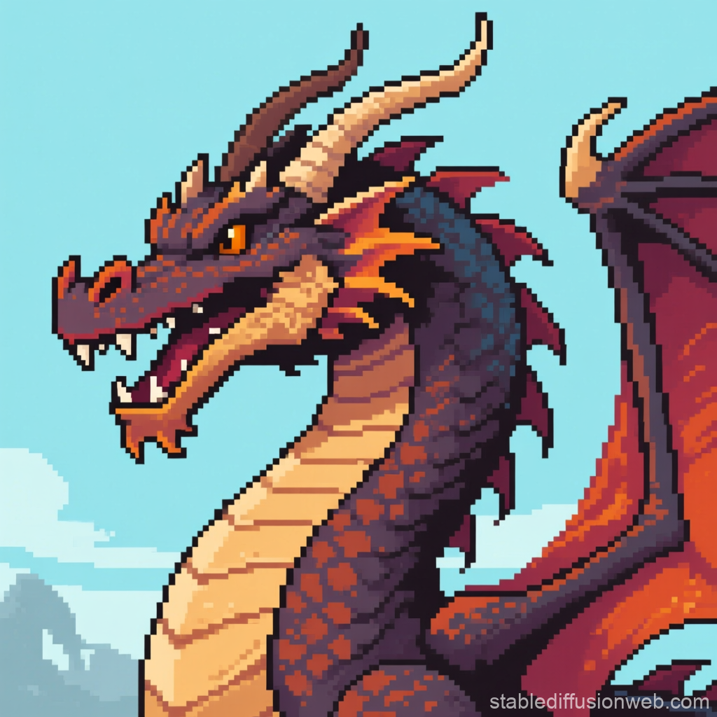 Pixel Art Western Dragon Head with Fiery Details