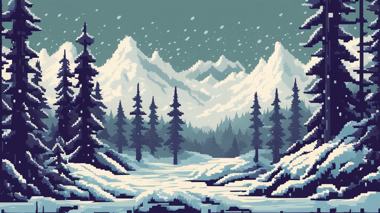 Pixel Art Winter Mountain Landscape with Snowfall
