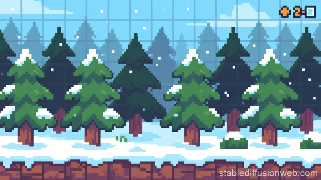 Pixel Art Winter Spruce Forest Landscape