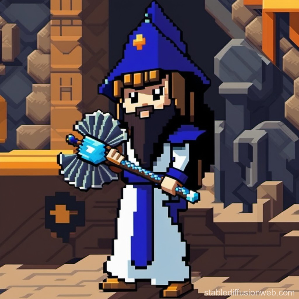 Pixel Art Wizard Character Holding a Magical Staff