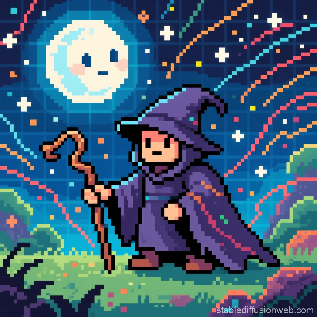 Pixel Art Wizard Under a Starry Night Sky