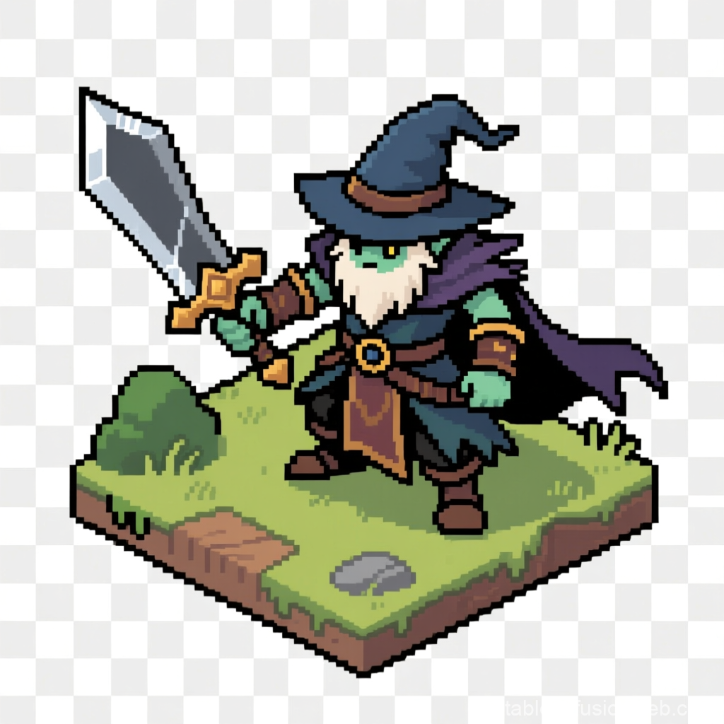 Pixel Art Wizard Warrior with Sword on Grass Tile