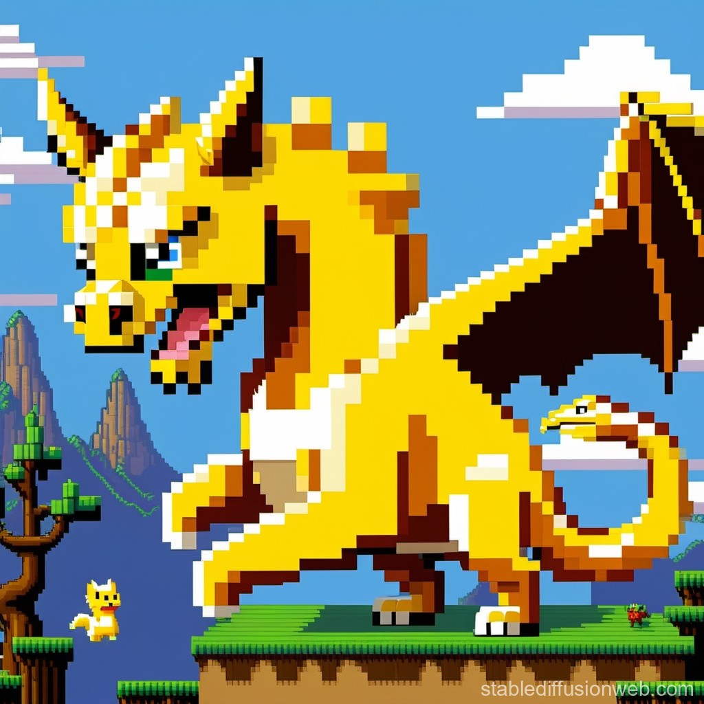 Pixel Art Yellow Dragon in Retro Video Game Style