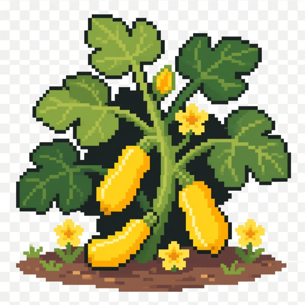 Pixel Art Yellow Squash Plant with Blossoms