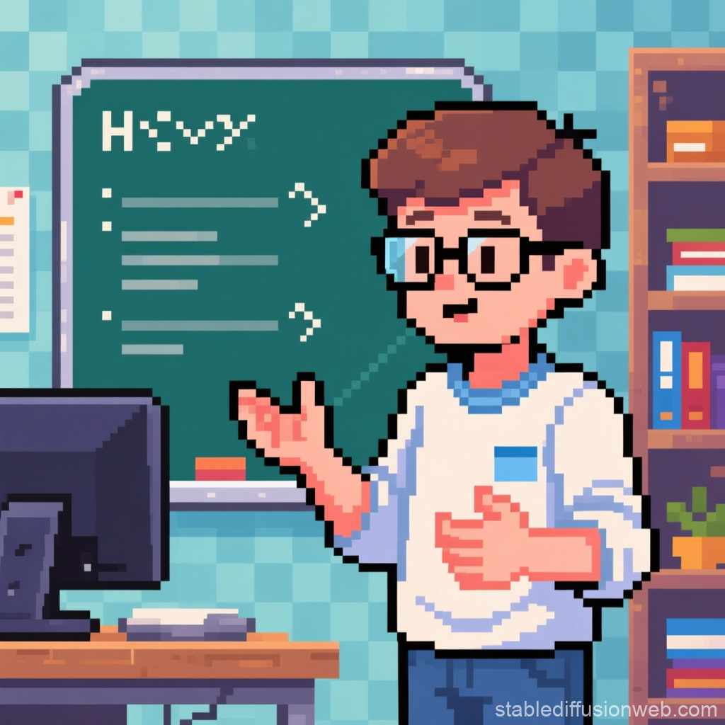 Pixel Art Young Programmer Explaining Code
