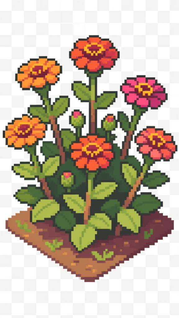 Pixel Art Zinnia Flower Clump